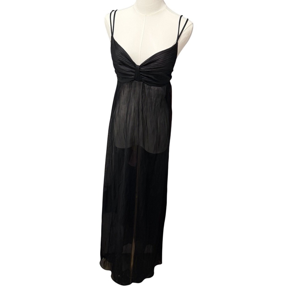 Vintage Sheer Black Mesh Maxi Nightgown Women's S/M Empire Waist Pleated